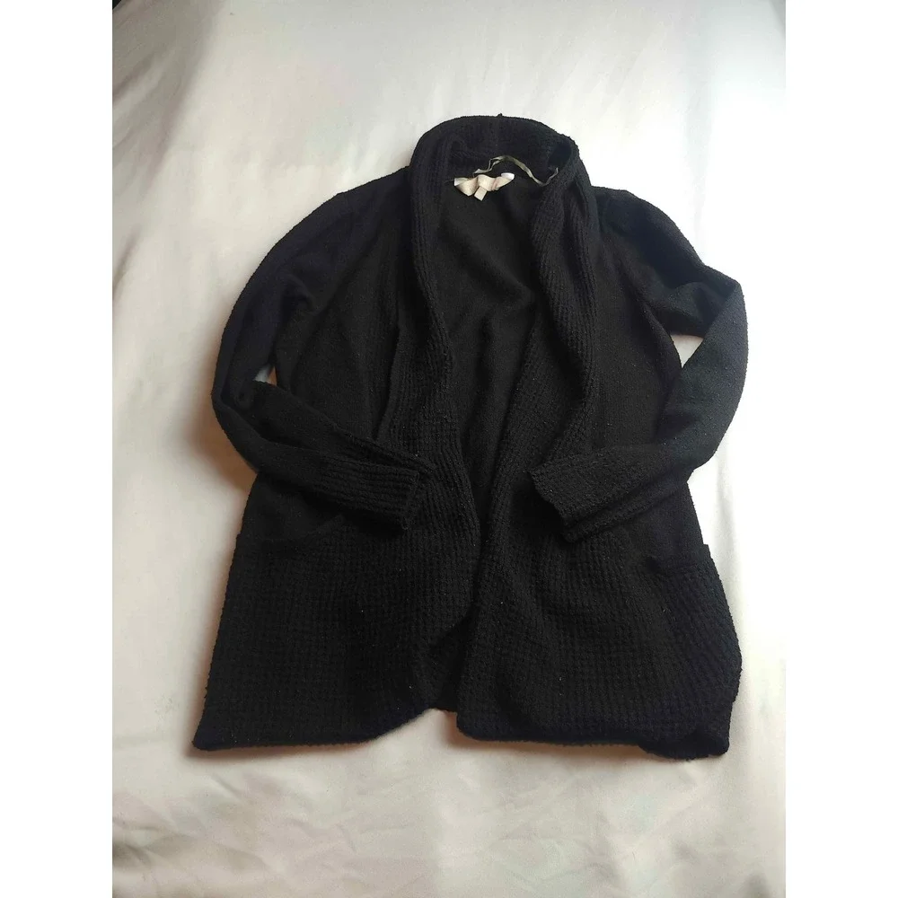Chloe & Jasmine Black Waffle Knit Open Front Shawl Cardigan Sweater Womens M